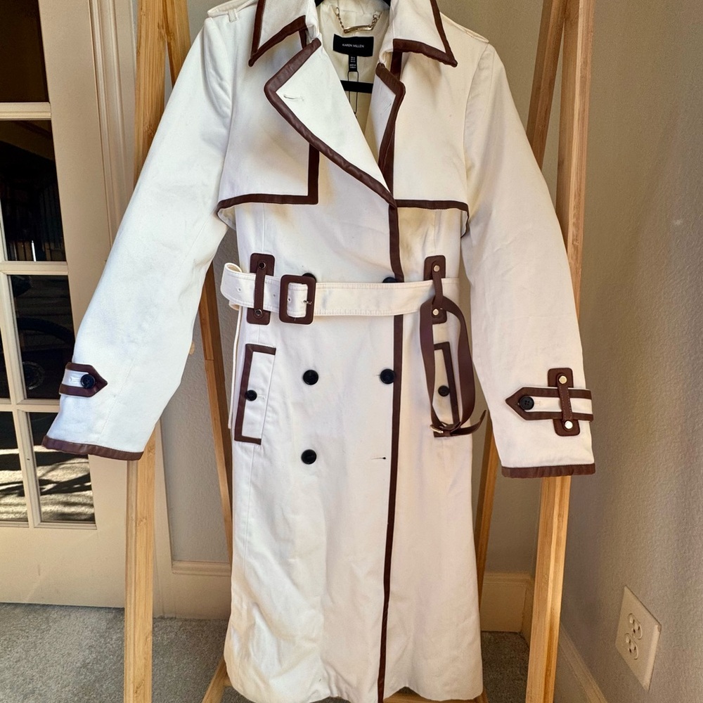 NWT Karen Millen - Women's White Trench Coat with Brown Accents